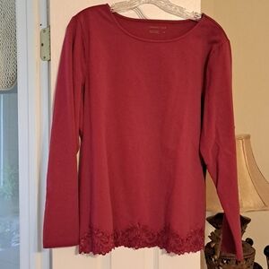 Coldwater Creek Women's Long-Sleeve Lace-Hem Top - Bordeaux